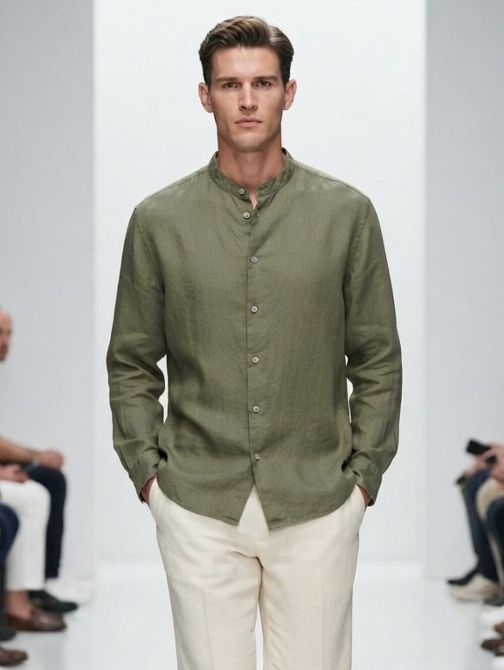UNIQLO 100% Linen Band Collar Shirt Men’s XL Olive Green Long Sleeve Minimalist